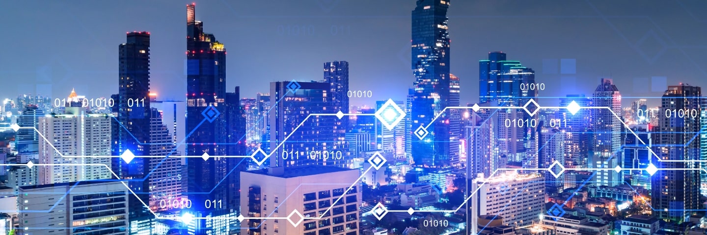 information flow hologram night panorama city view Bangkok largest technological center Asia concept programming science double exposure